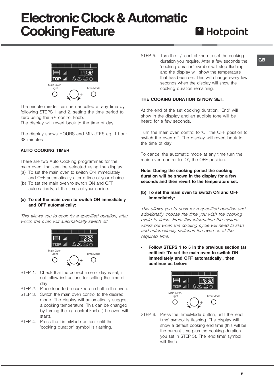 Electronic clock & automatic cooking feature | Hotpoint UE89X User Manual | Page 9 / 32