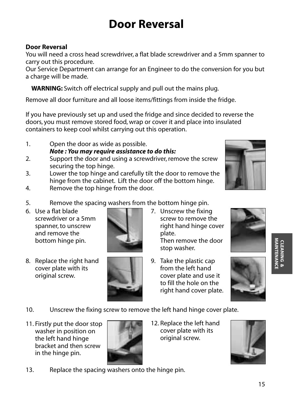 Door reversal | Hotpoint RLS80 User Manual | Page 15 / 20