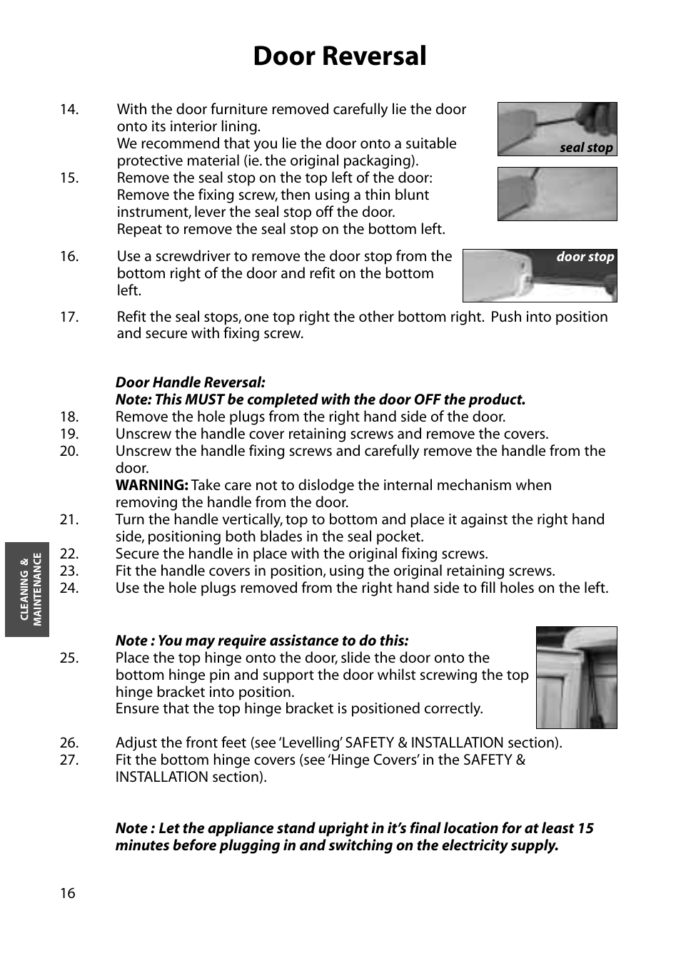 Door reversal | Hotpoint RLS80 User Manual | Page 16 / 20