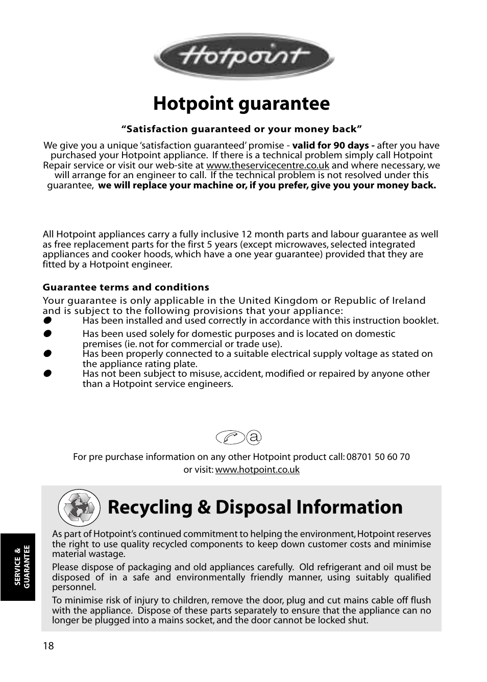 Recycling & disposal information, Hotpoint guarantee | Hotpoint RLS80 User Manual | Page 18 / 20