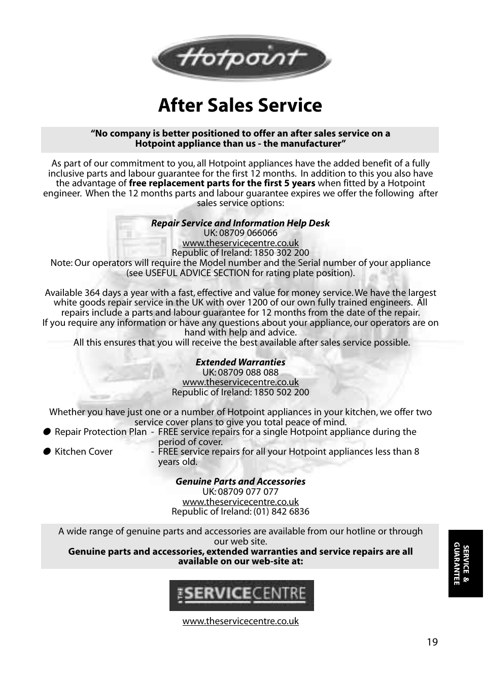 After sales service | Hotpoint RLS80 User Manual | Page 19 / 20