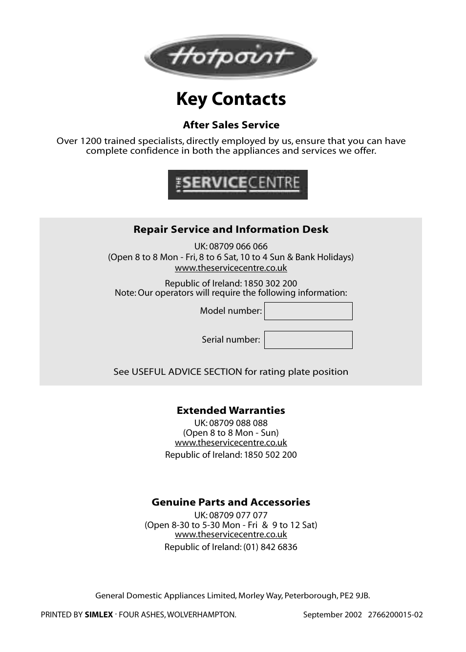 Key contacts | Hotpoint RLS80 User Manual | Page 20 / 20