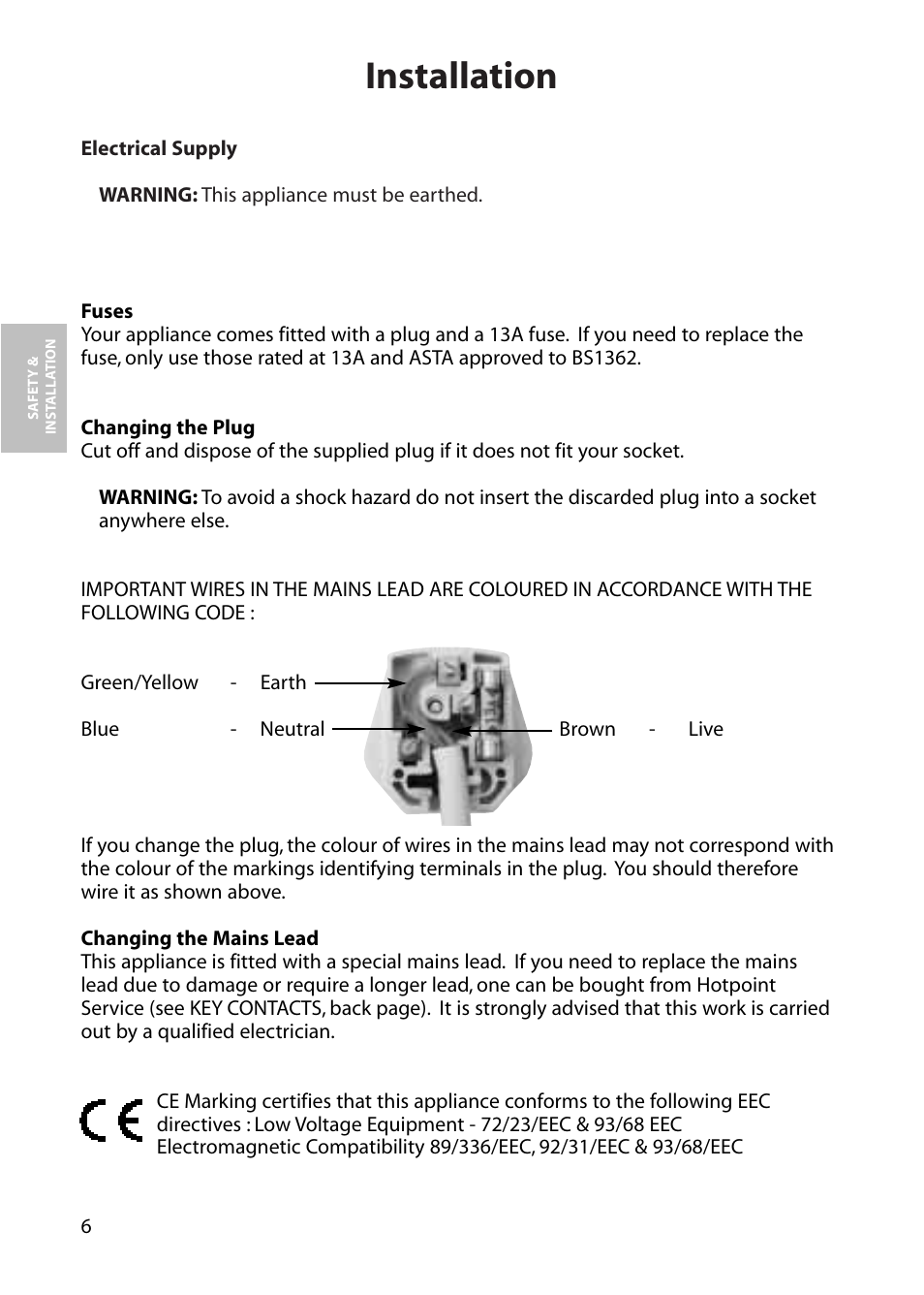 Installation | Hotpoint RLS80 User Manual | Page 6 / 20