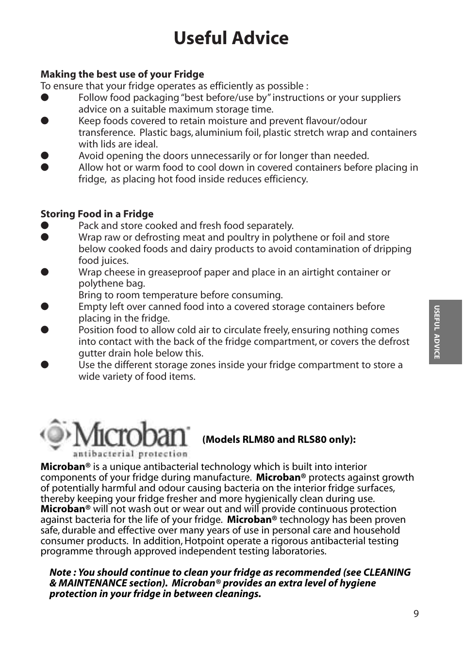 Useful advice | Hotpoint RLS80 User Manual | Page 9 / 20