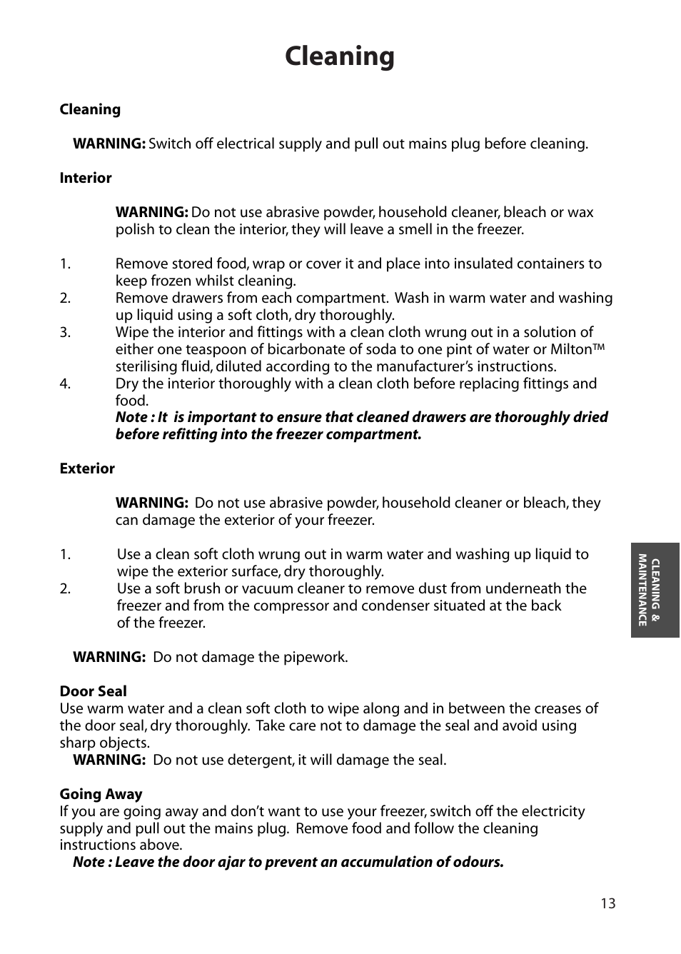 Cleaning | Hotpoint RZA50 User Manual | Page 13 / 20