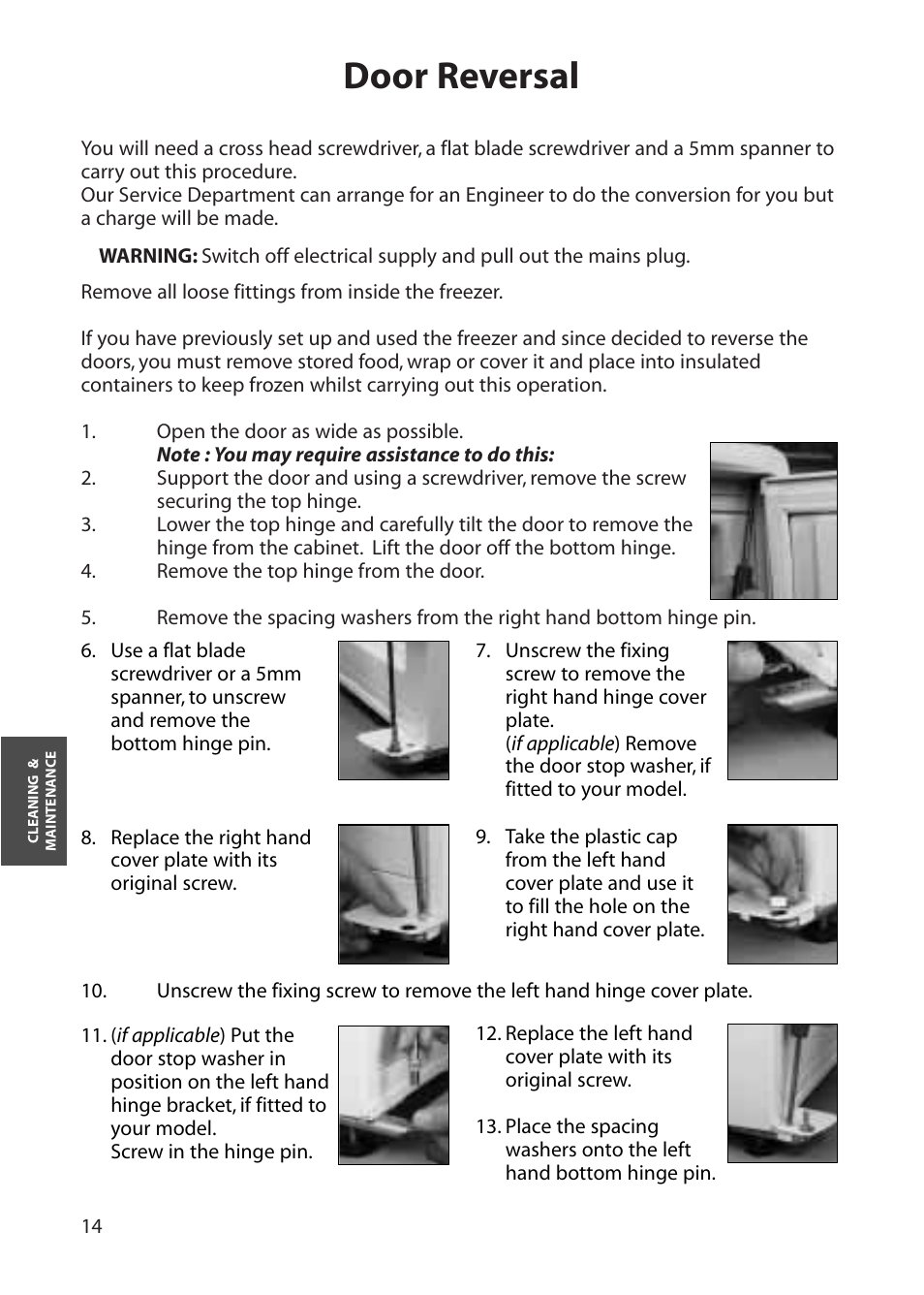 Door reversal | Hotpoint RZA50 User Manual | Page 14 / 20