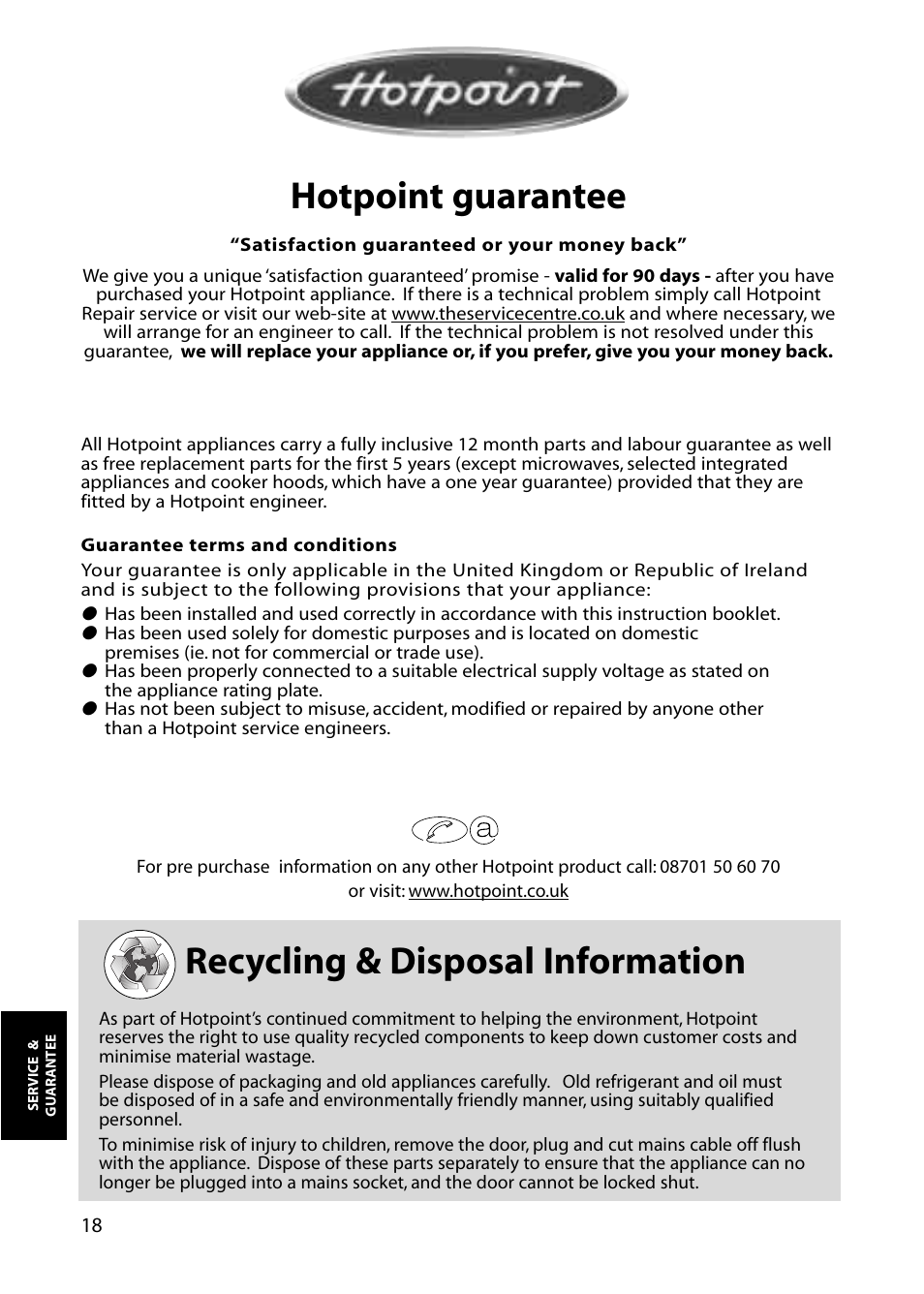 Hotpoint guarantee, Recycling & disposal information | Hotpoint RZA50 User Manual | Page 18 / 20