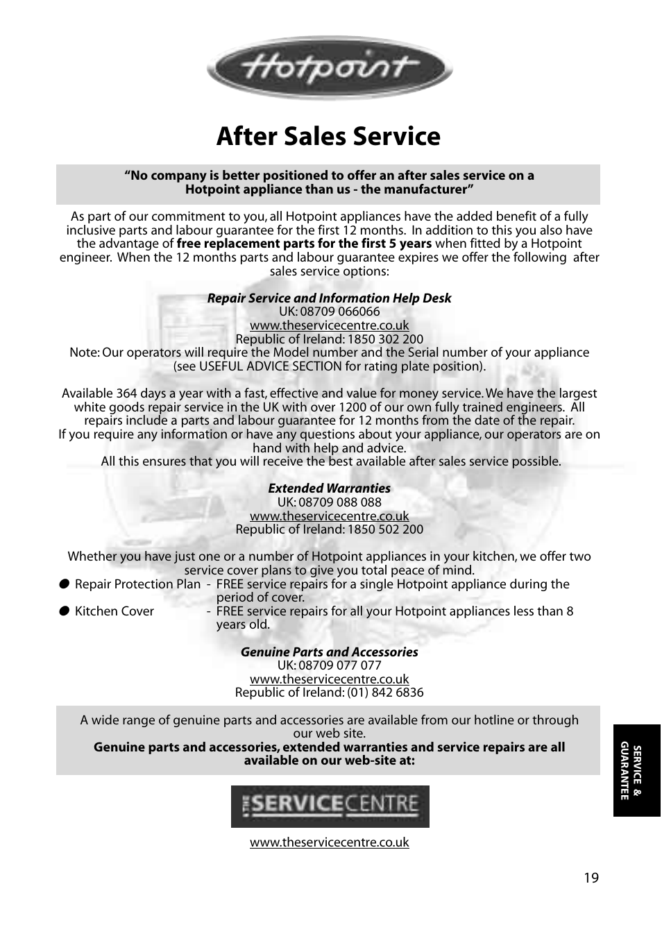 After sales service | Hotpoint RZA50 User Manual | Page 19 / 20