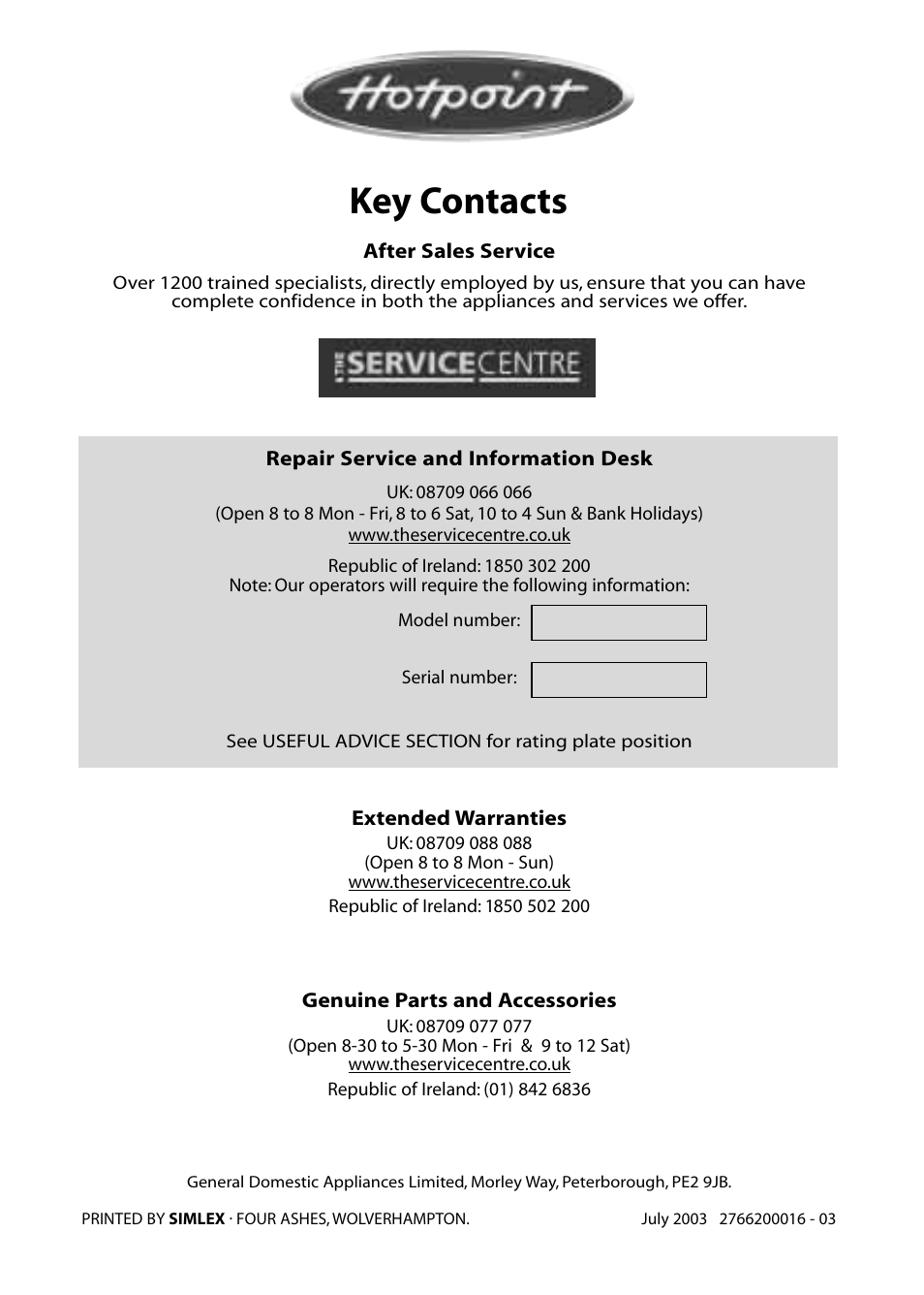 Key contacts | Hotpoint RZA50 User Manual | Page 20 / 20