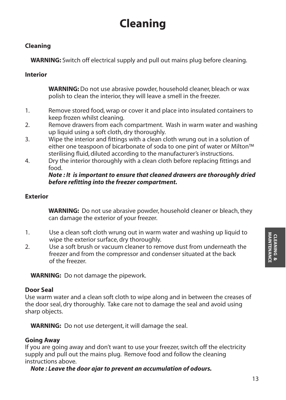 Cleaning | Hotpoint FZA80 User Manual | Page 13 / 20