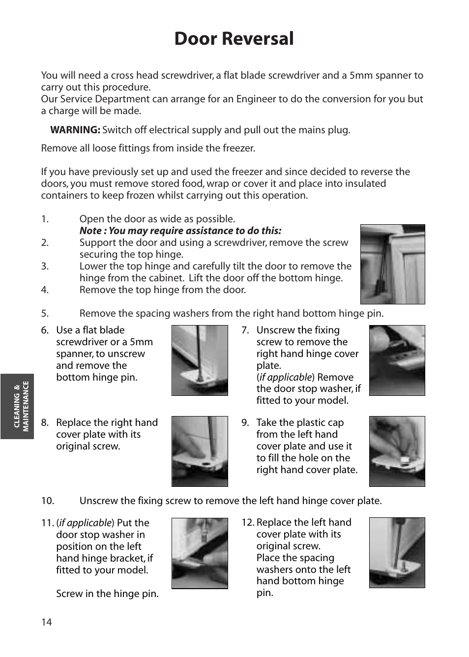 Door reversal | Hotpoint FZA80 User Manual | Page 14 / 20