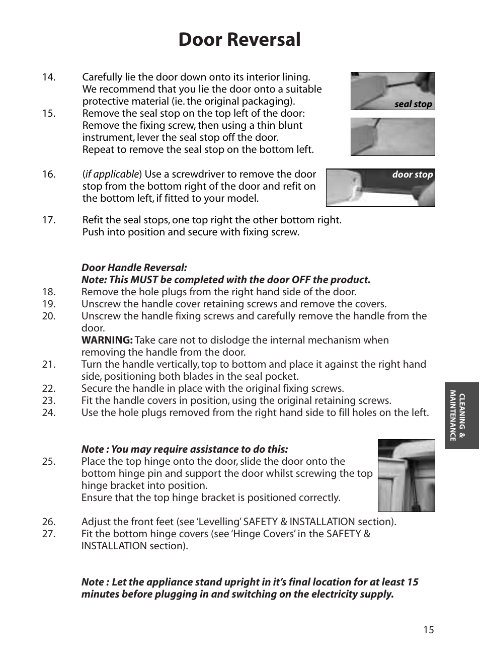 Door reversal | Hotpoint FZA80 User Manual | Page 15 / 20