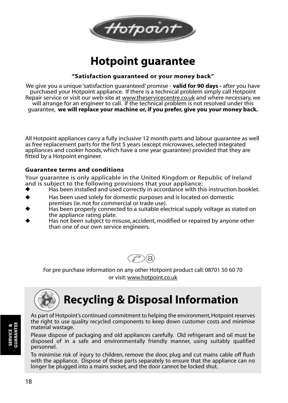 Recycling & disposal information, Hotpoint guarantee | Hotpoint FZA80 User Manual | Page 18 / 20
