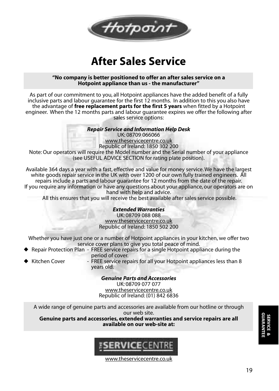 After sales service | Hotpoint FZA80 User Manual | Page 19 / 20