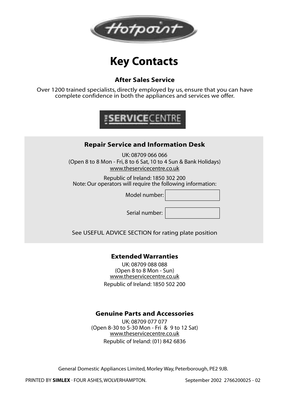 Key contacts | Hotpoint FZA80 User Manual | Page 20 / 20