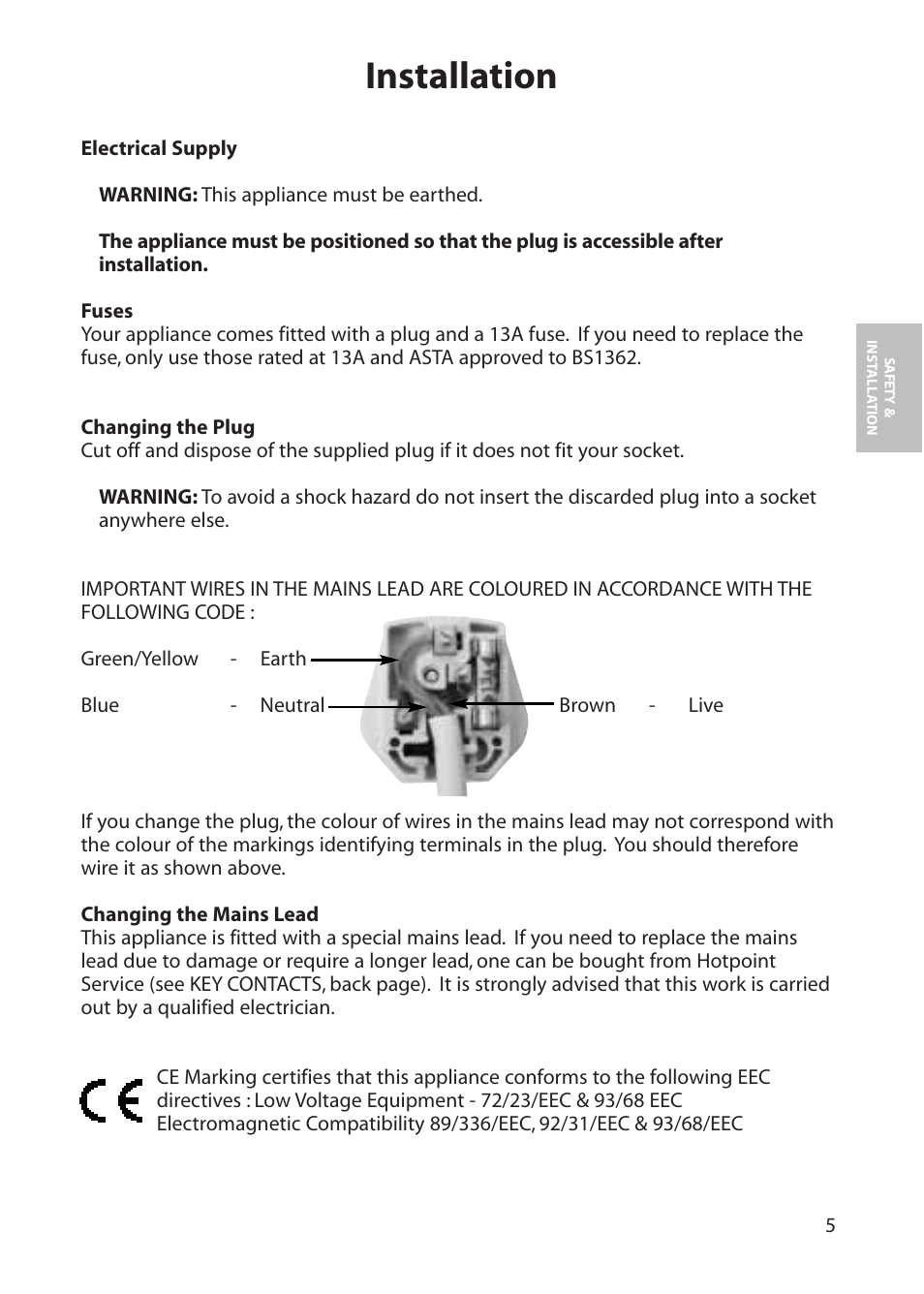 Installation | Hotpoint FZA80 User Manual | Page 5 / 20