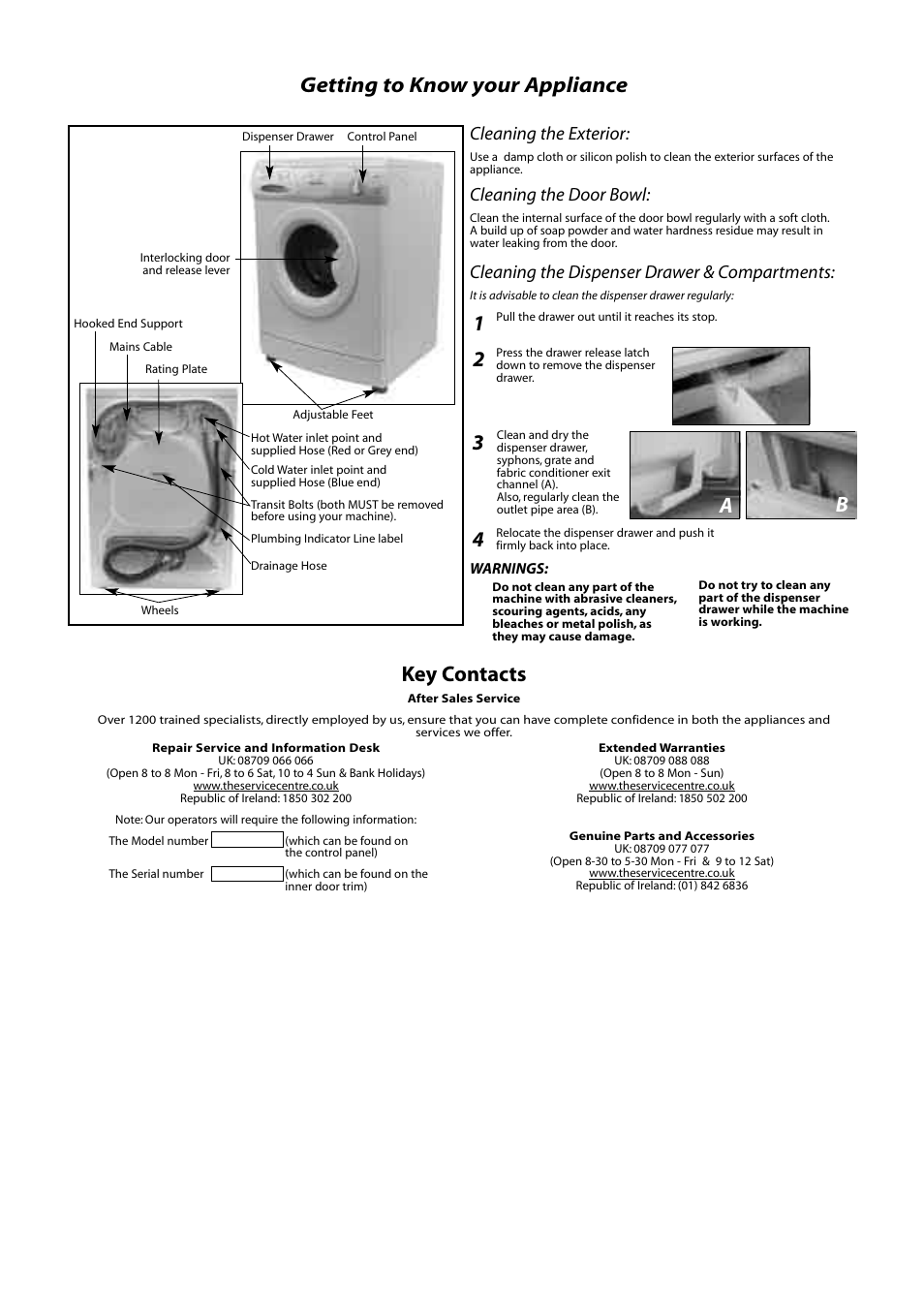 Getting to know your appliance, Key contacts, 3a b | Cleaning the exterior, Cleaning the door bowl, Cleaning the dispenser drawer & compartments | Hotpoint WMA5 User Manual | Page 10 / 11