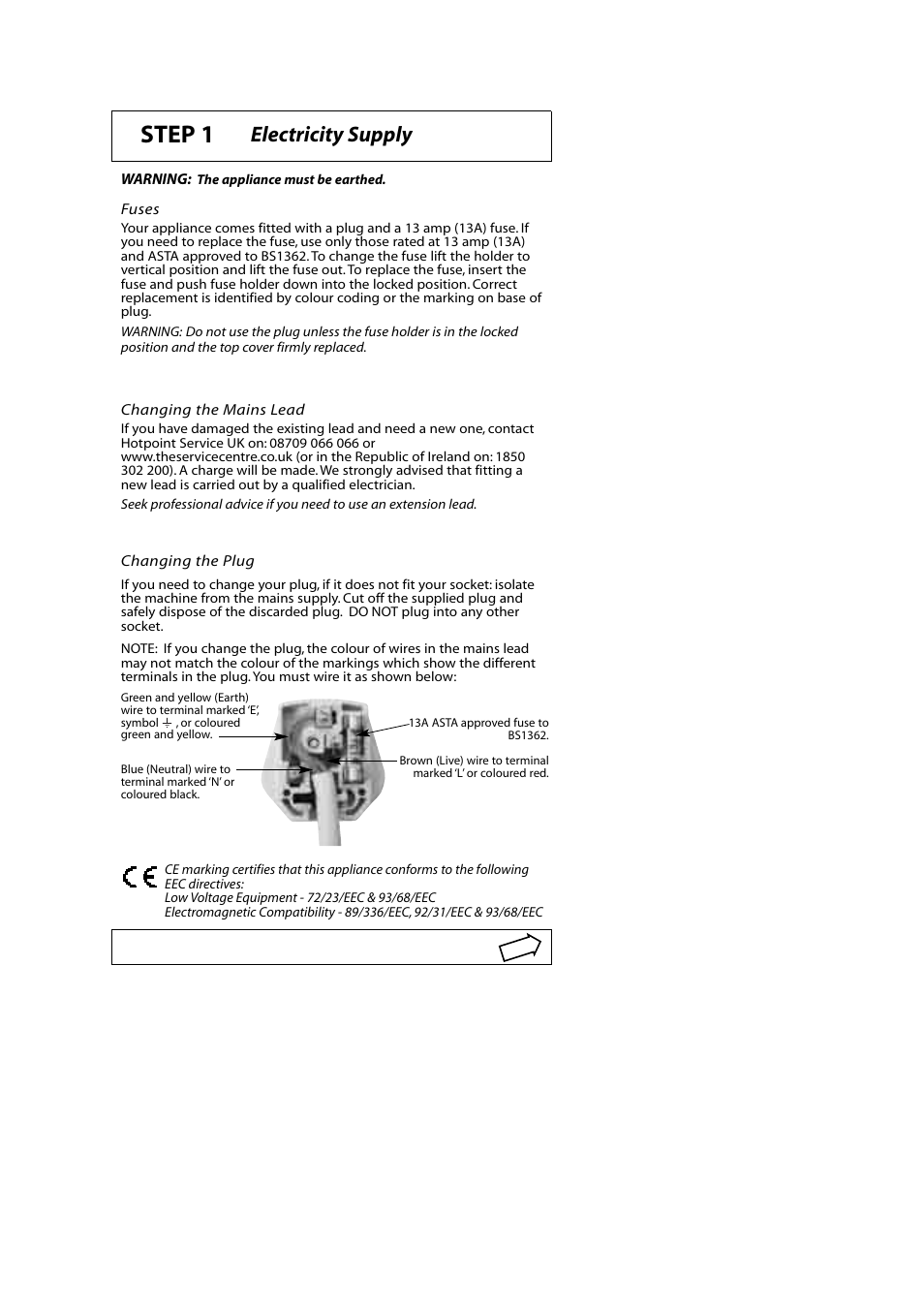 Step 1, Electricity supply | Hotpoint WMA5 User Manual | Page 2 / 11