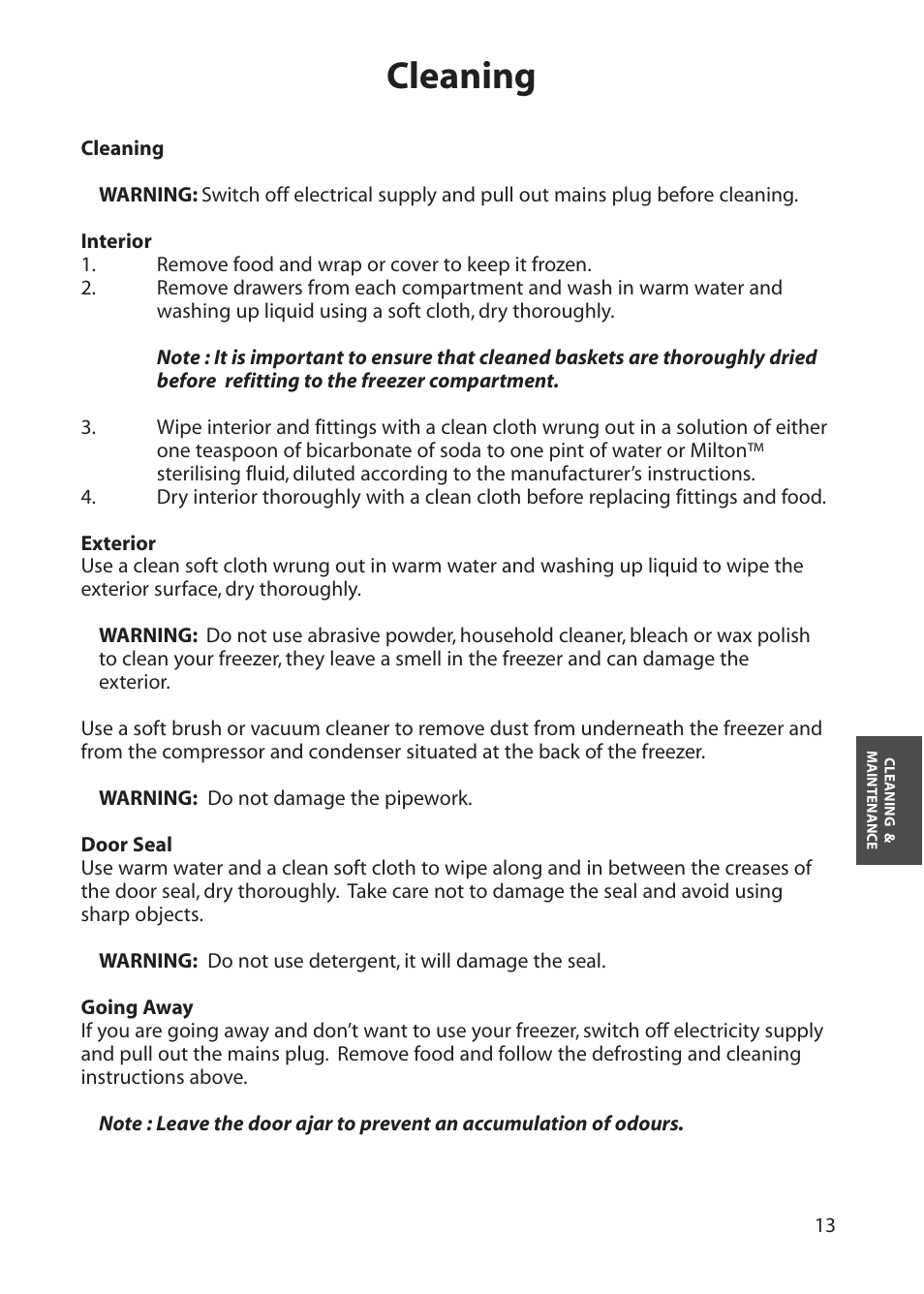 Cleaning | Hotpoint RZA30 User Manual | Page 13 / 20