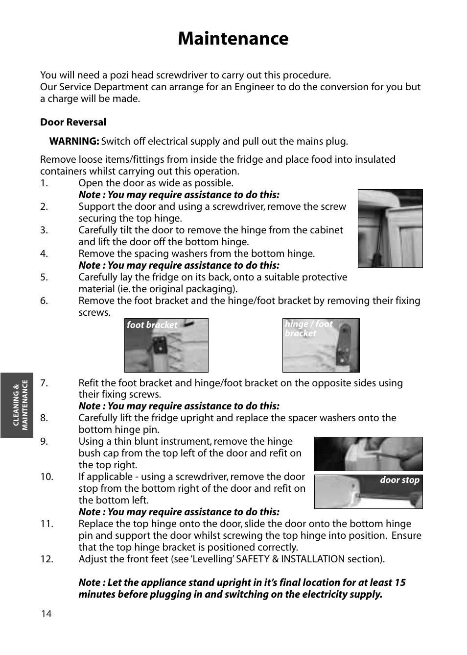 Maintenance | Hotpoint RZA30 User Manual | Page 14 / 20