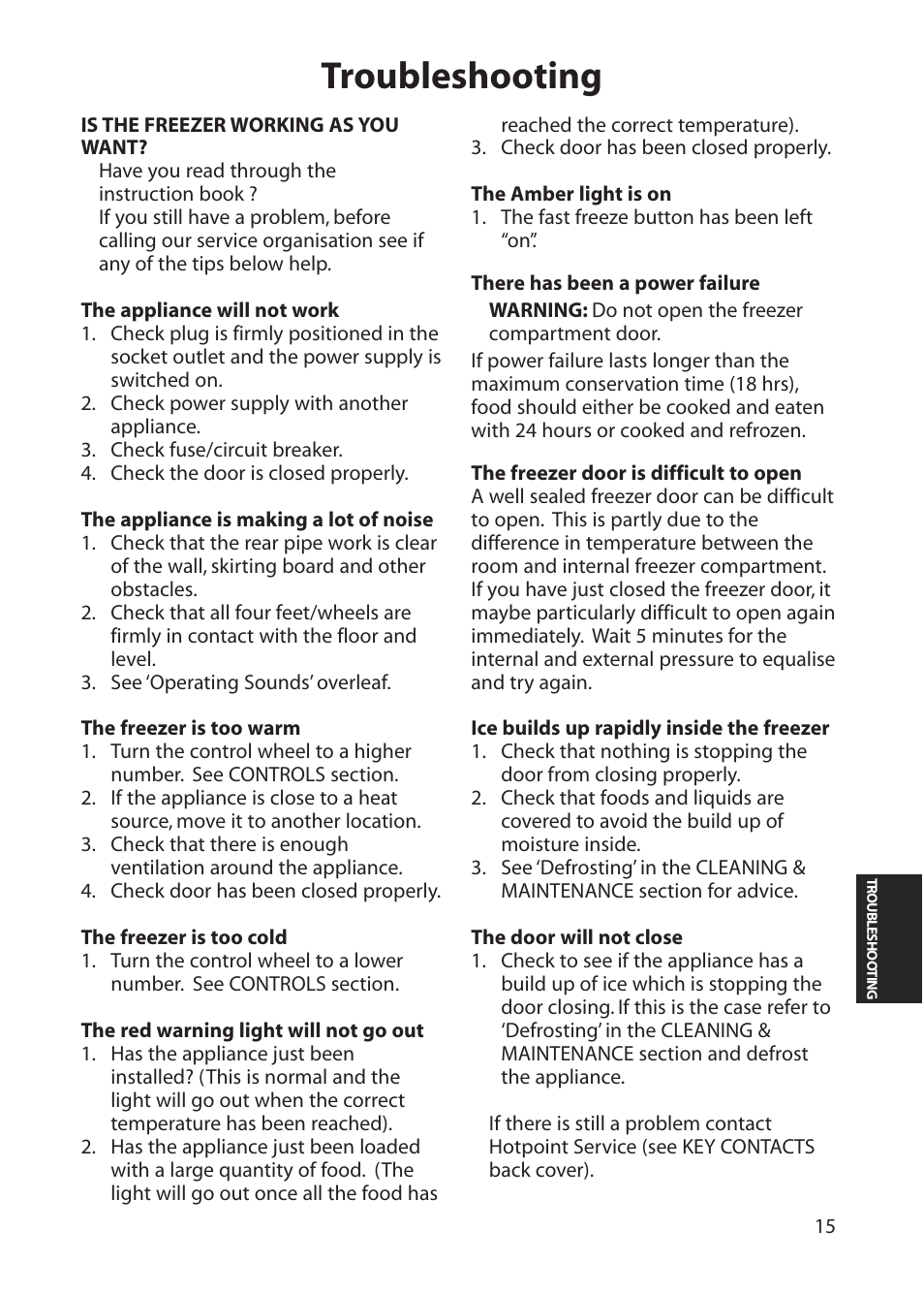 Troubleshooting | Hotpoint RZA30 User Manual | Page 15 / 20