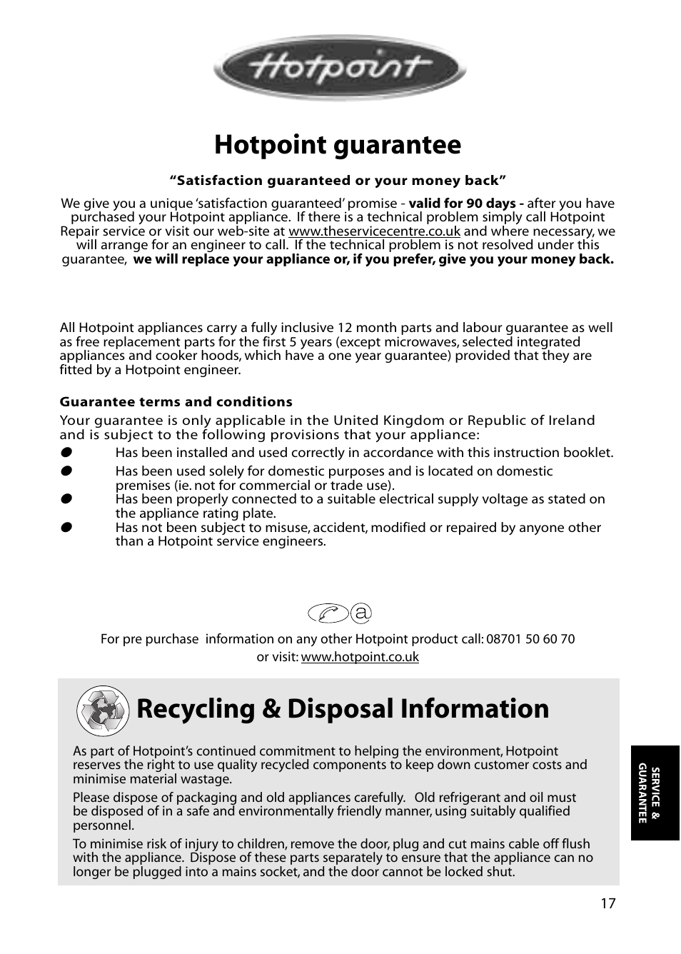 Hotpoint guarantee, Recycling & disposal information | Hotpoint RZA30 User Manual | Page 17 / 20