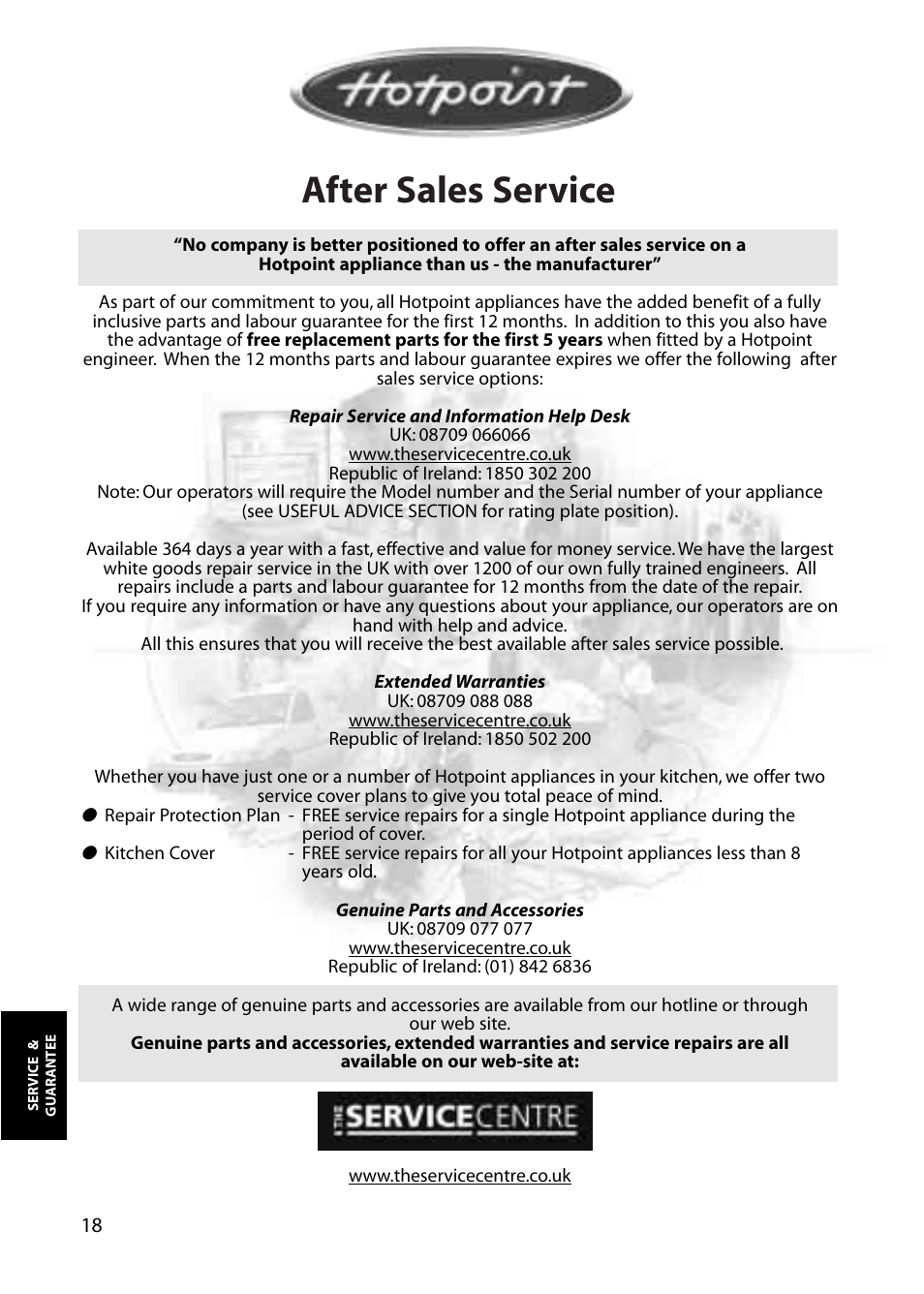 After sales service | Hotpoint RZA30 User Manual | Page 18 / 20