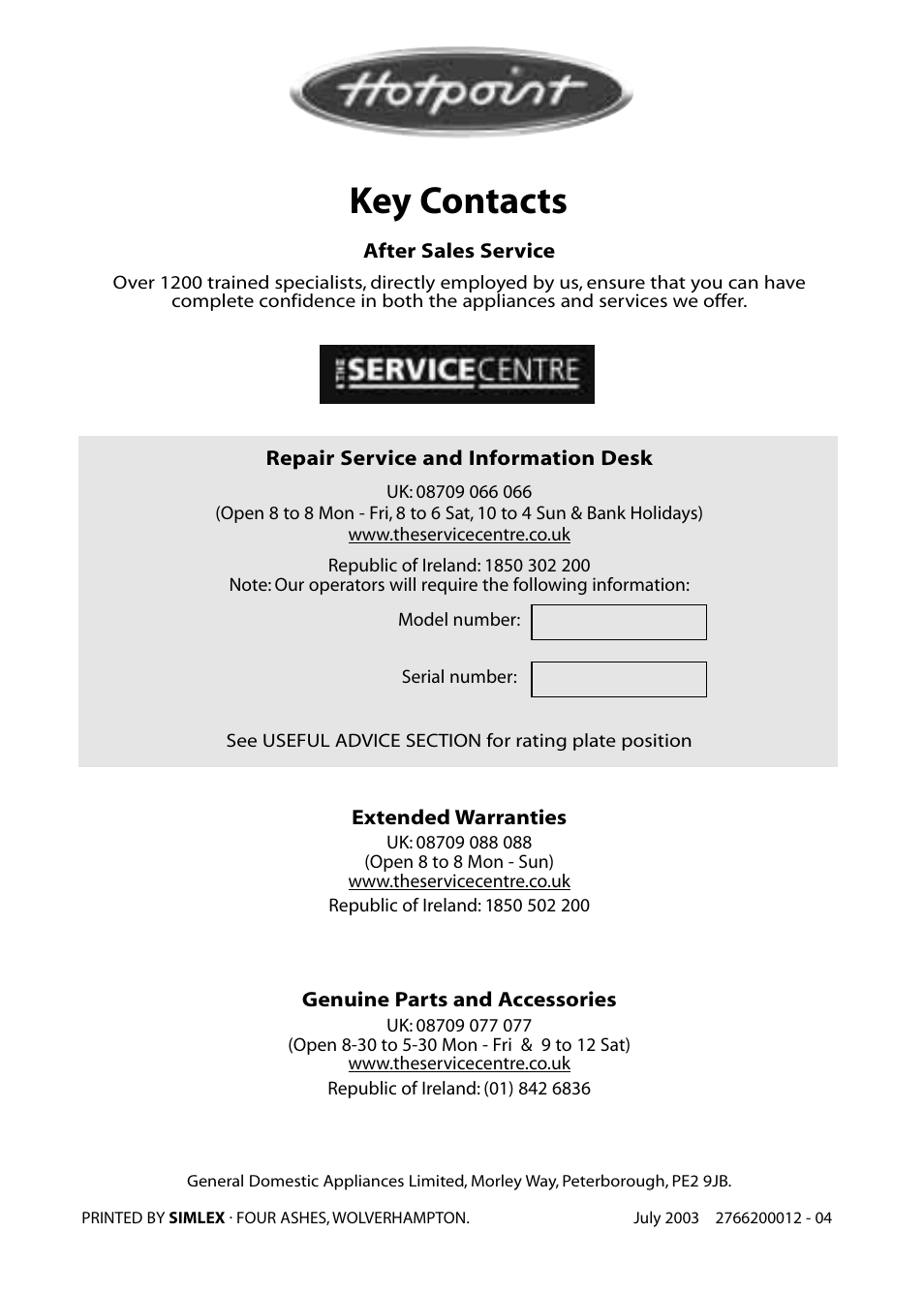 Key contacts | Hotpoint RZA30 User Manual | Page 20 / 20