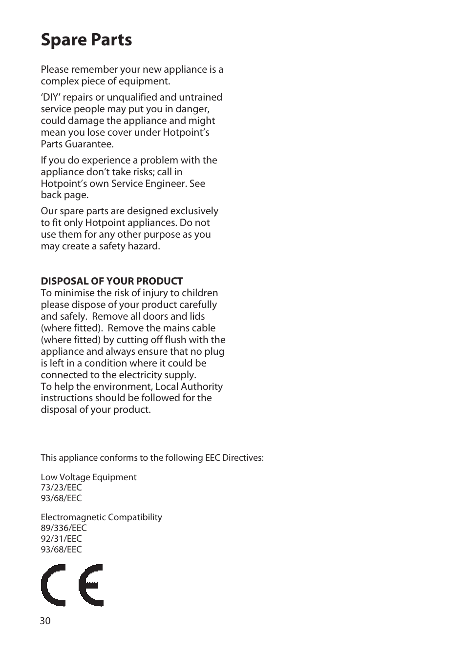 Spare parts | Hotpoint EW51 User Manual | Page 30 / 32