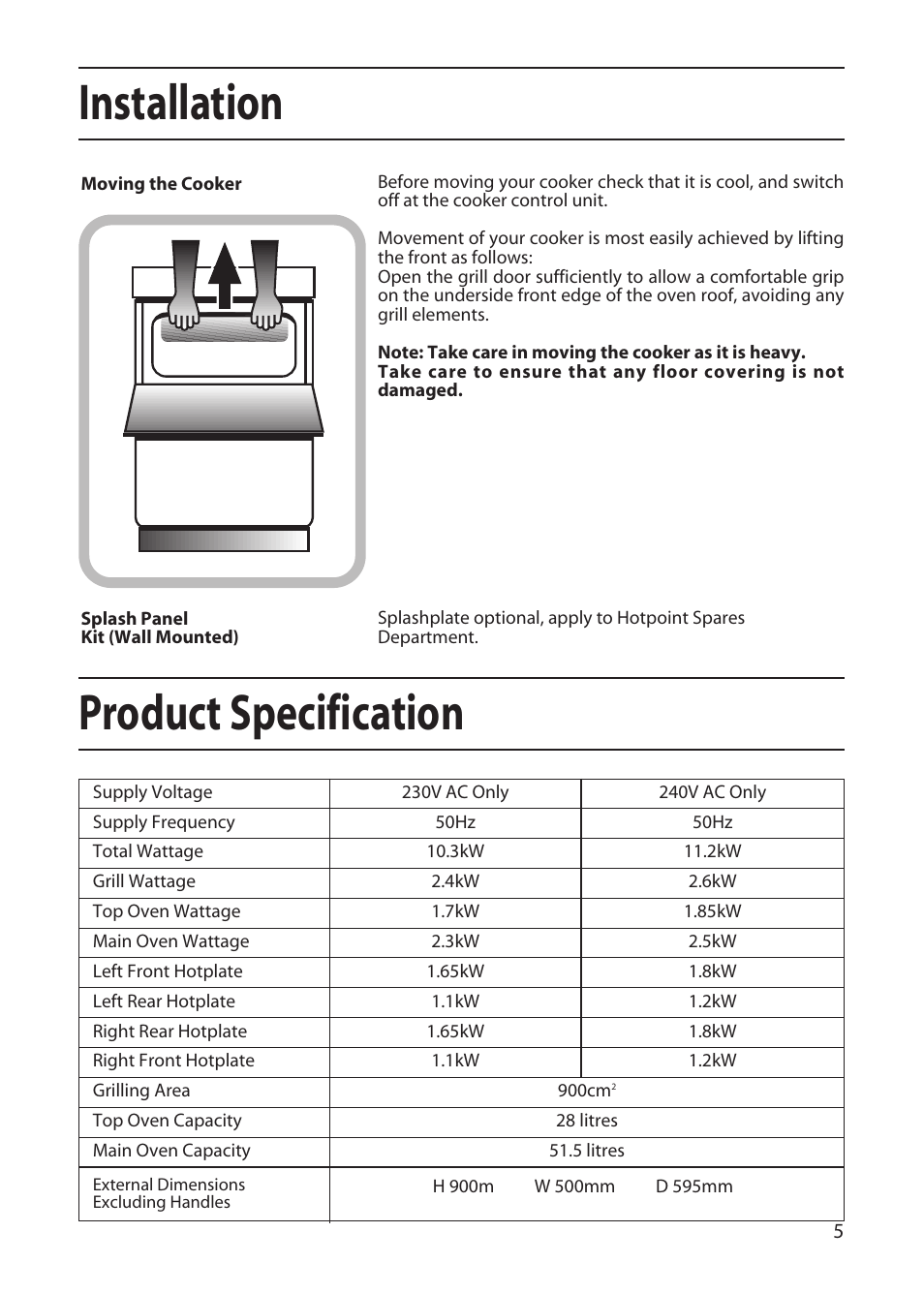 Installation product specification | Hotpoint EW51 User Manual | Page 5 / 32