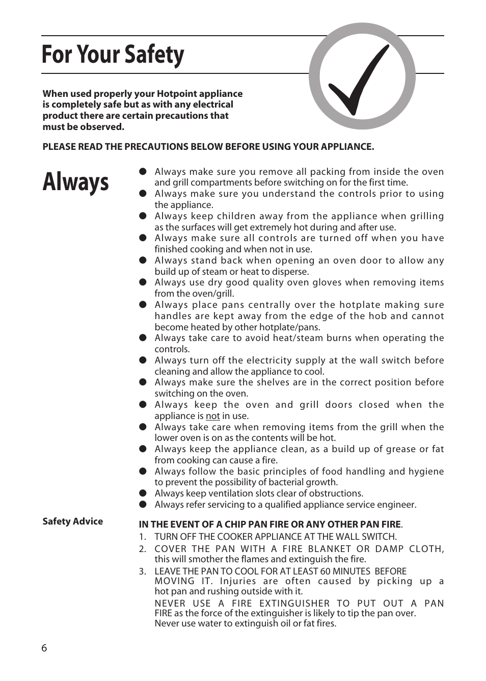 For your safety, Always | Hotpoint EW51 User Manual | Page 6 / 32