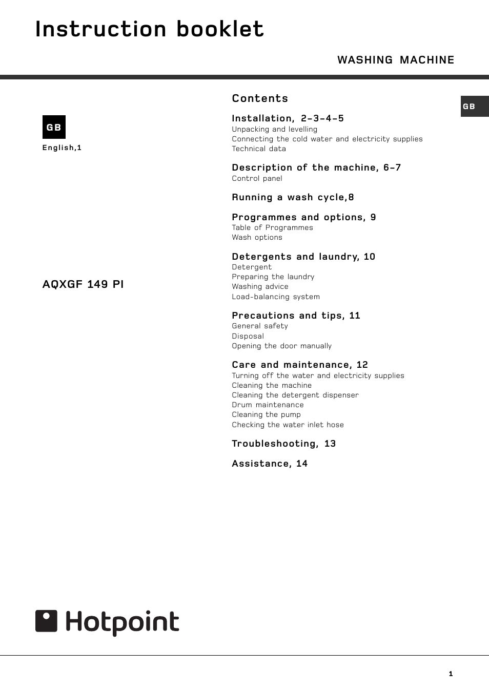Hotpoint AQXGF 149 PI User Manual | 16 pages
