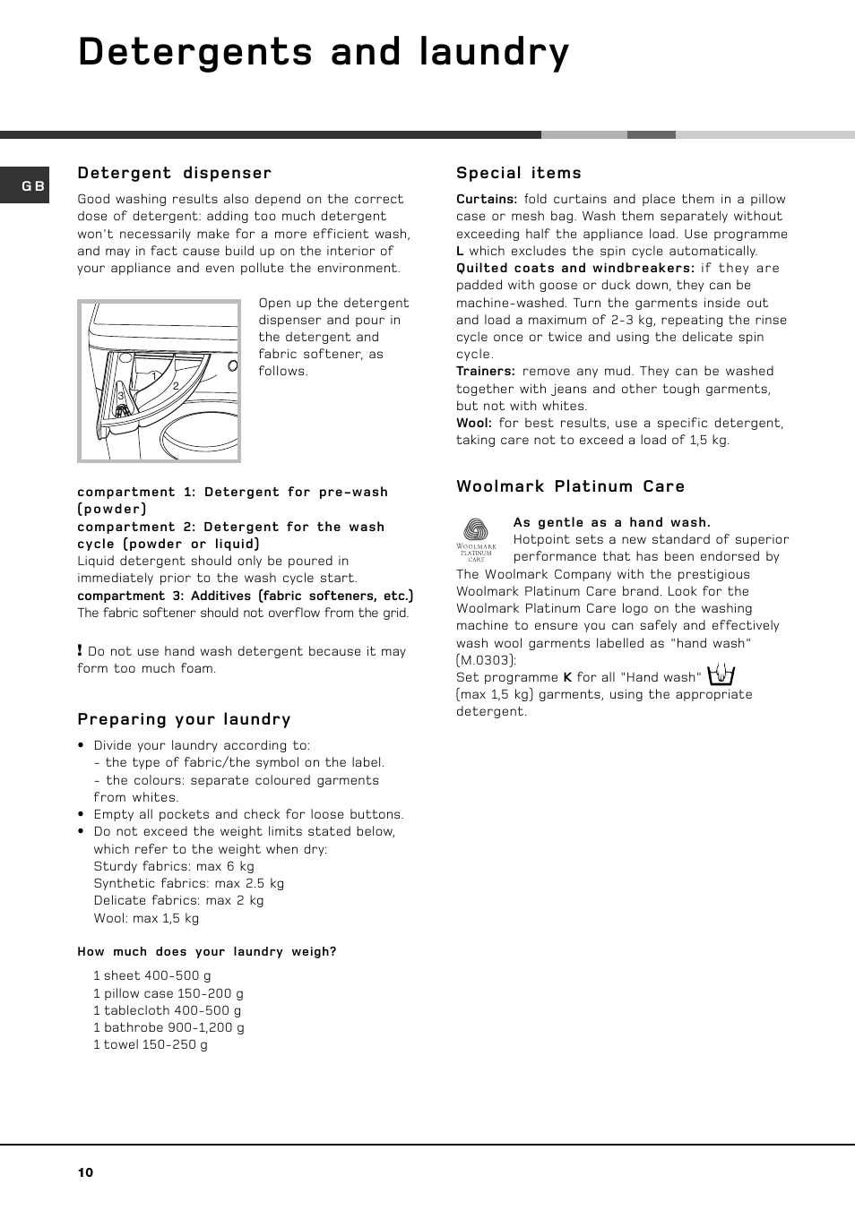 Detergents and laundry, Detergent dispenser, Preparing your laundry | Special items, Woolmark platinum care | Hotpoint HVF 344 User Manual | Page 10 / 16