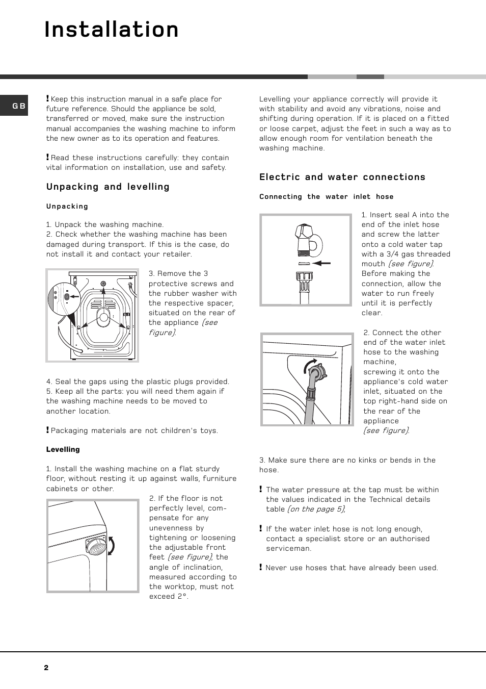 Installation, Unpacking and levelling, Electric and water connections | Hotpoint HVF 344 User Manual | Page 2 / 16