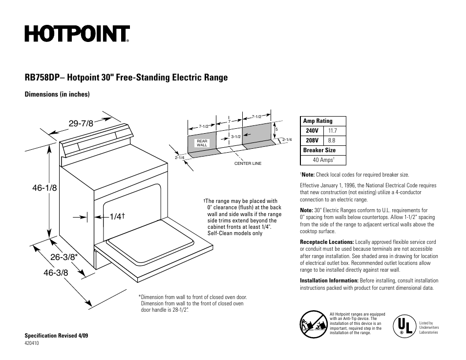 Hotpoint RB758DPCC User Manual | 2 pages