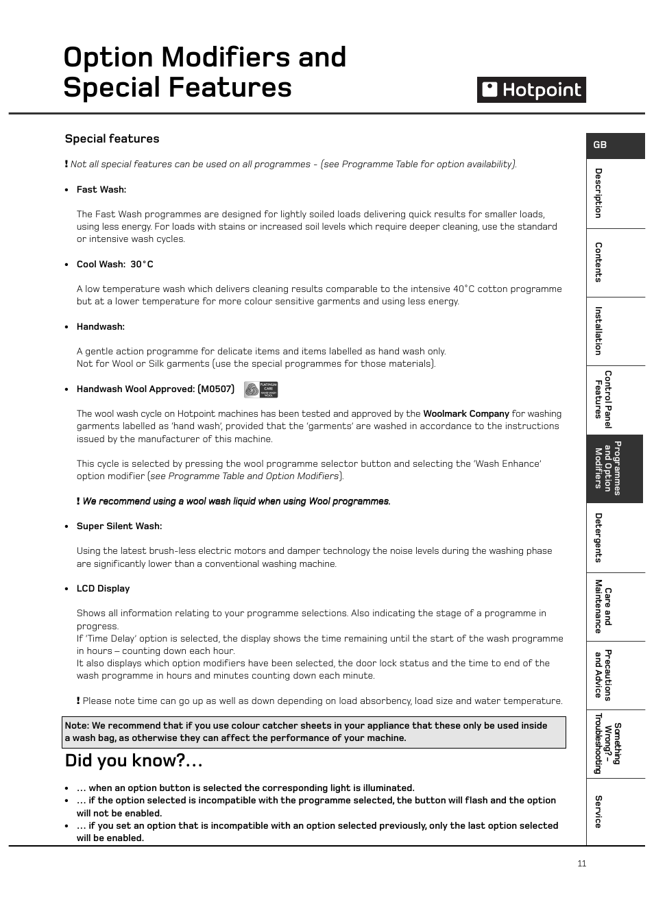 Option modifiers and special features, Did you know, Special features | Hotpoint Ultima LCD User Manual | Page 11 / 20