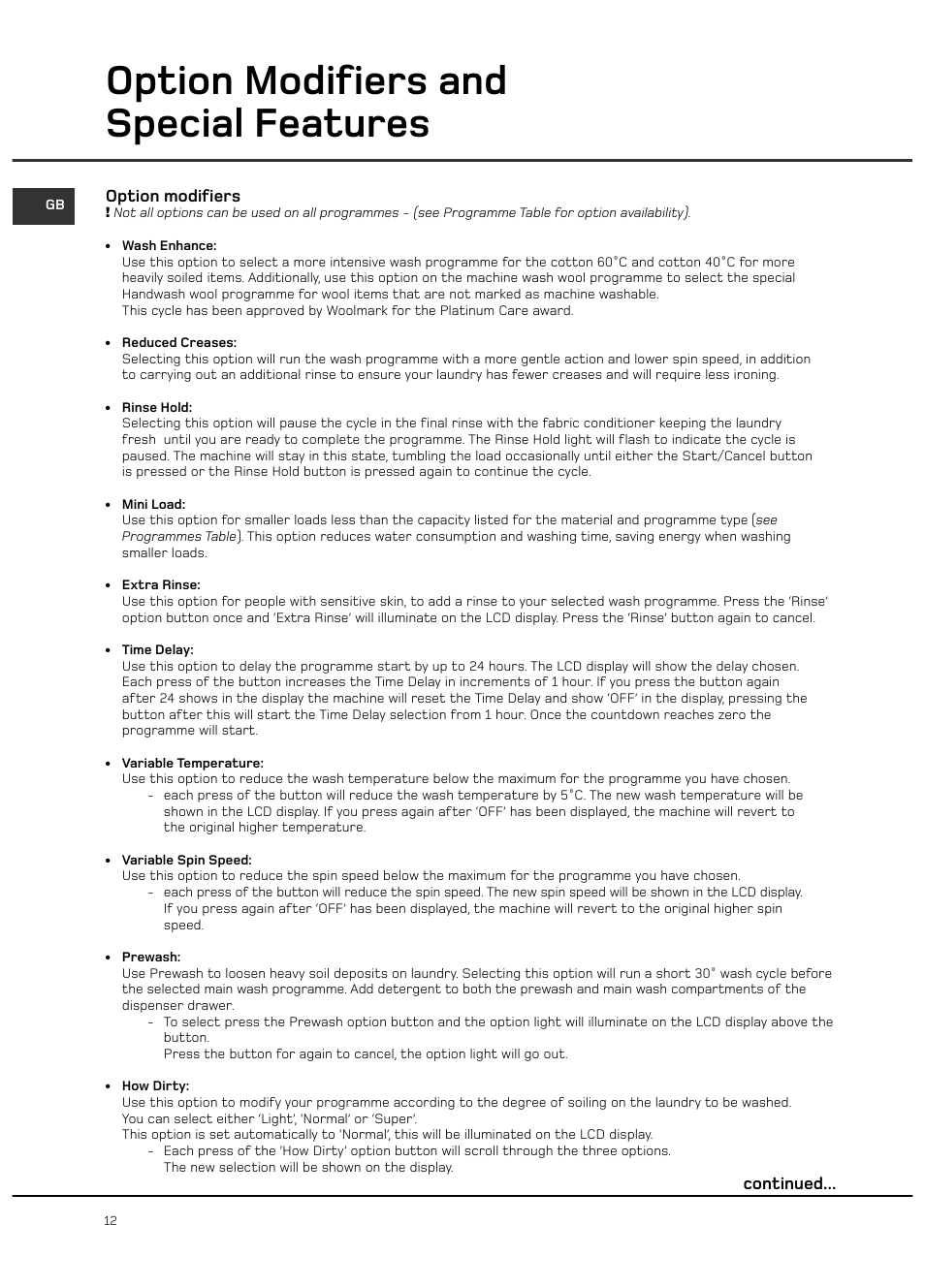 Option modifiers and special features, Option modifiers, Continued | Hotpoint Ultima LCD User Manual | Page 12 / 20