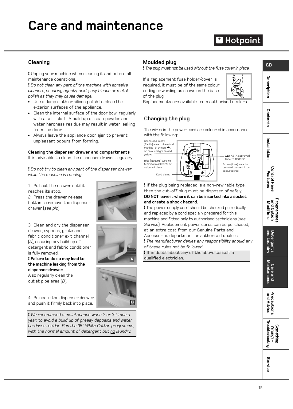 Care and maintenance, Cleaning, Changing the plug | Moulded plug | Hotpoint Ultima LCD User Manual | Page 15 / 20