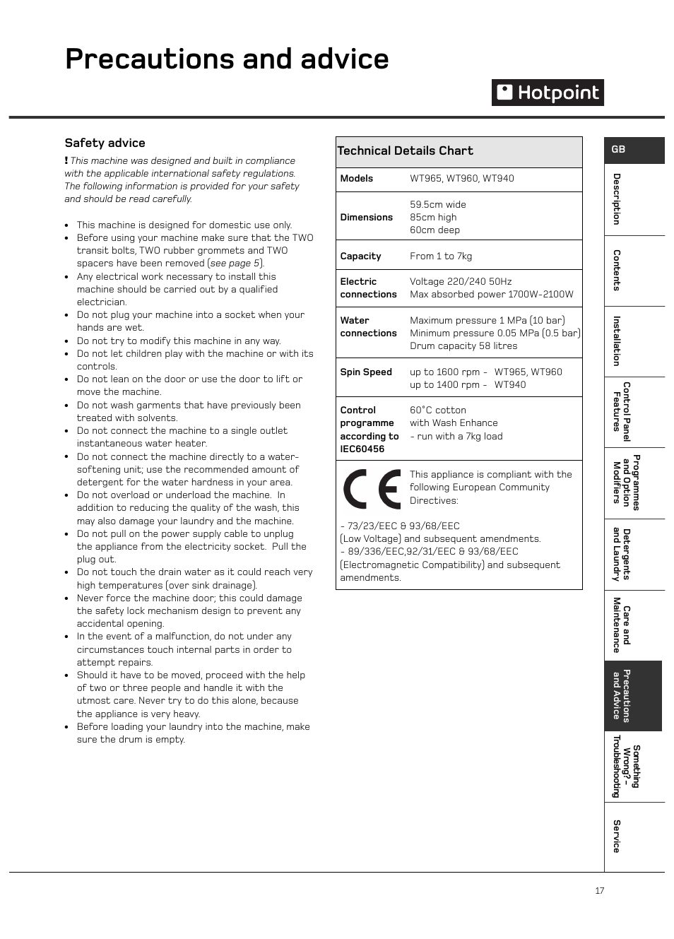 Precautions and advice, Safety advice, Technical details chart | Hotpoint Ultima LCD User Manual | Page 17 / 20