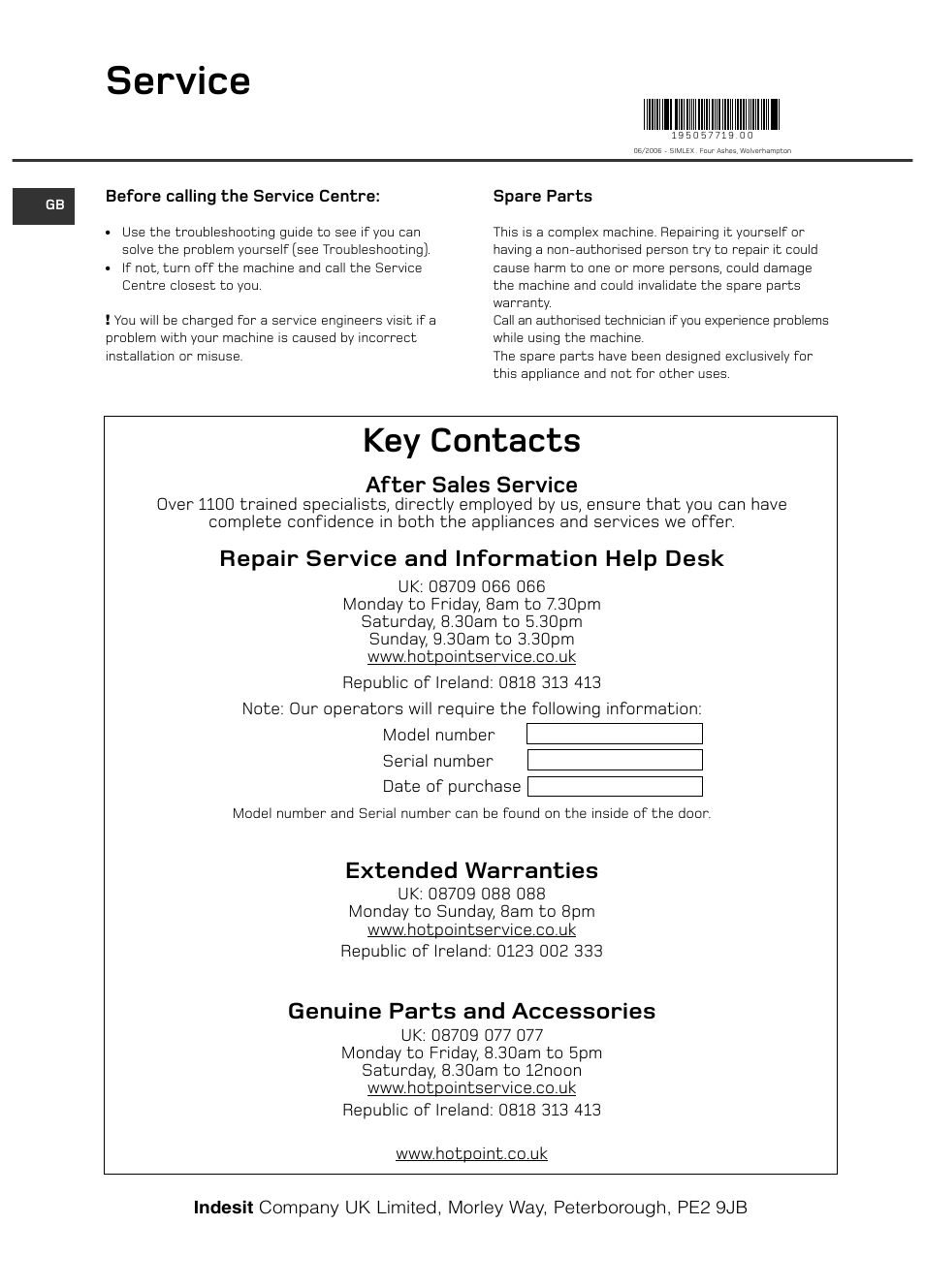 Service, Key contacts, After sales service | Repair service and information help desk, Extended warranties, Genuine parts and accessories | Hotpoint Ultima LCD User Manual | Page 20 / 20