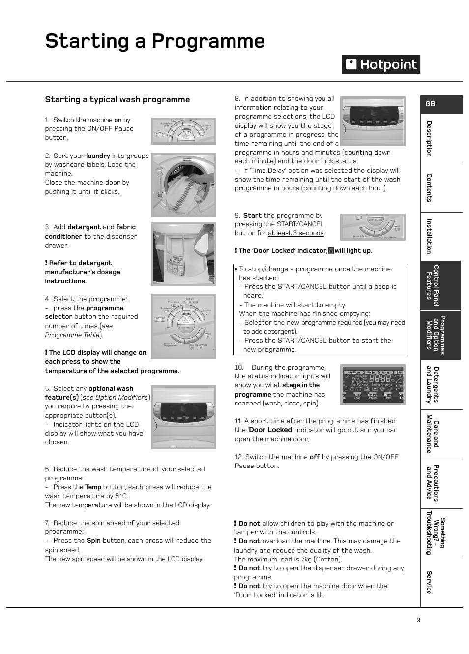 Starting a programme, Starting a typical wash programme | Hotpoint Ultima LCD User Manual | Page 9 / 20