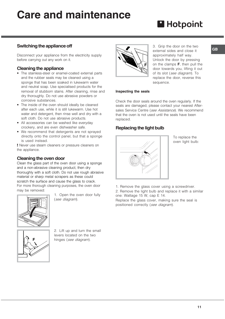 Care and maintenance | Hotpoint SE1032X User Manual | Page 11 / 16