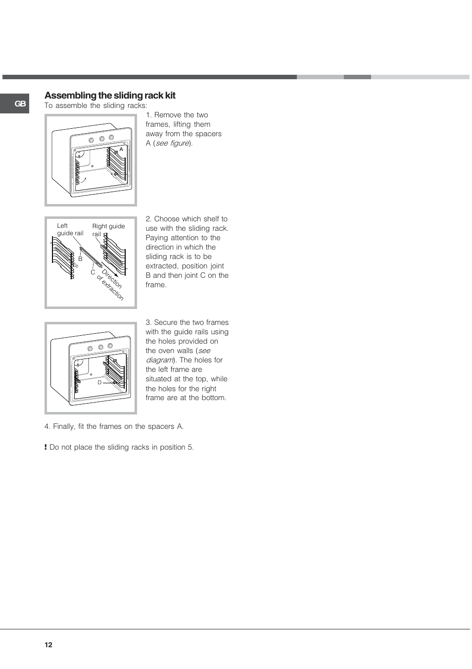 Assembling the sliding rack kit | Hotpoint SE1032X User Manual | Page 12 / 16