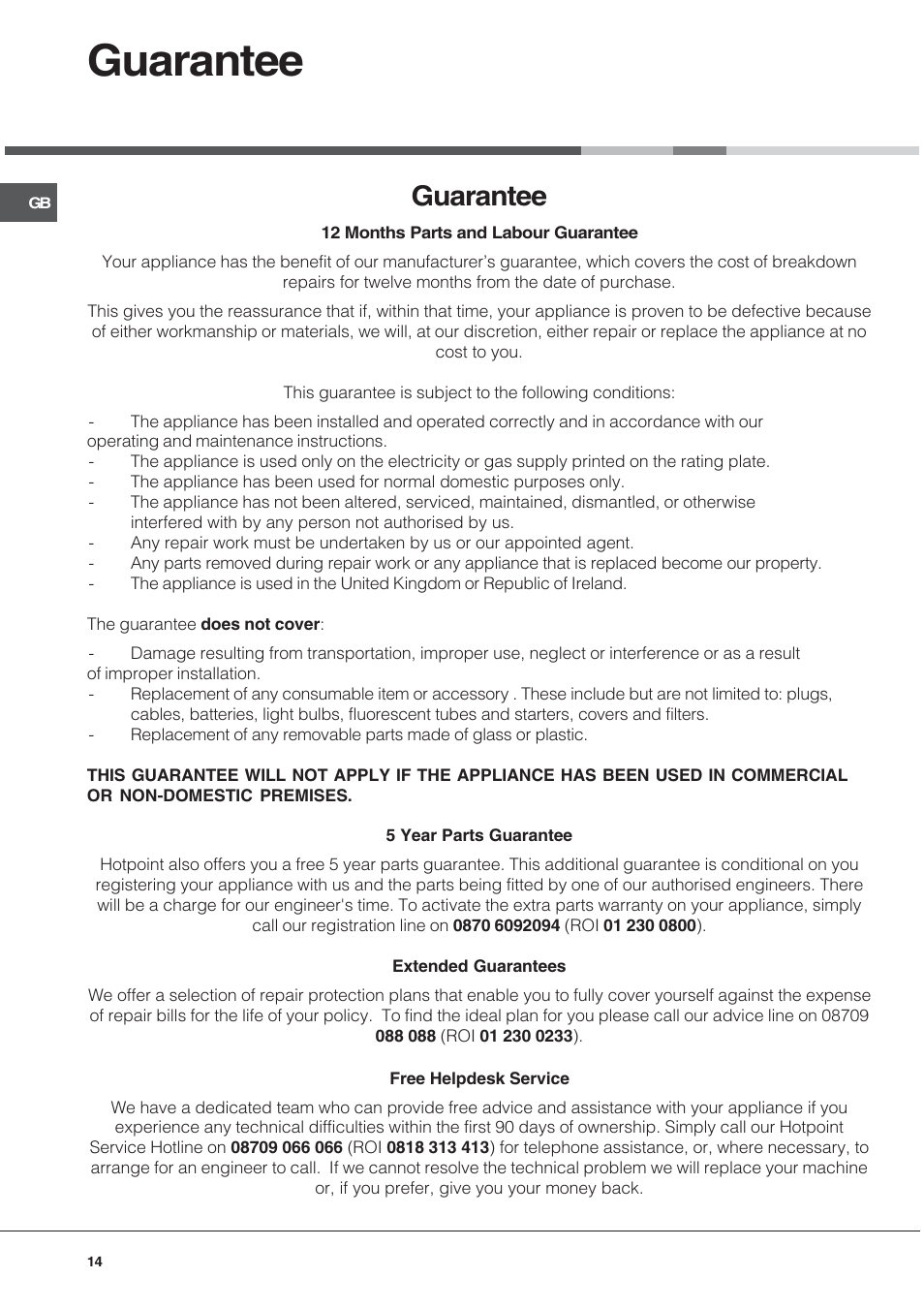 Guarantee | Hotpoint SE1032X User Manual | Page 14 / 16