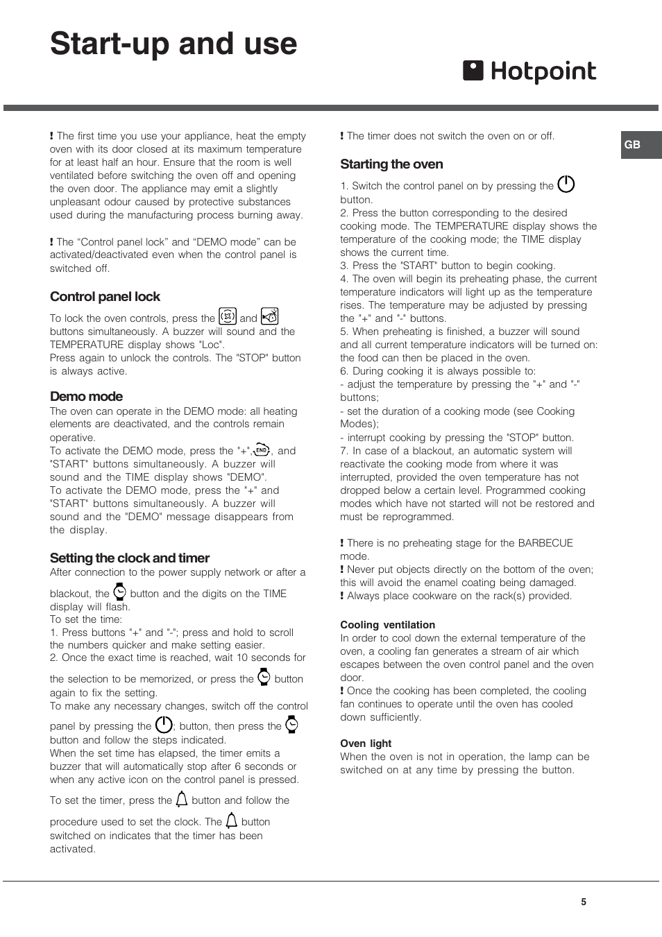 Start-up and use, Control panel lock, Demo mode | Setting the clock and timer, Starting the oven | Hotpoint SE1032X User Manual | Page 5 / 16