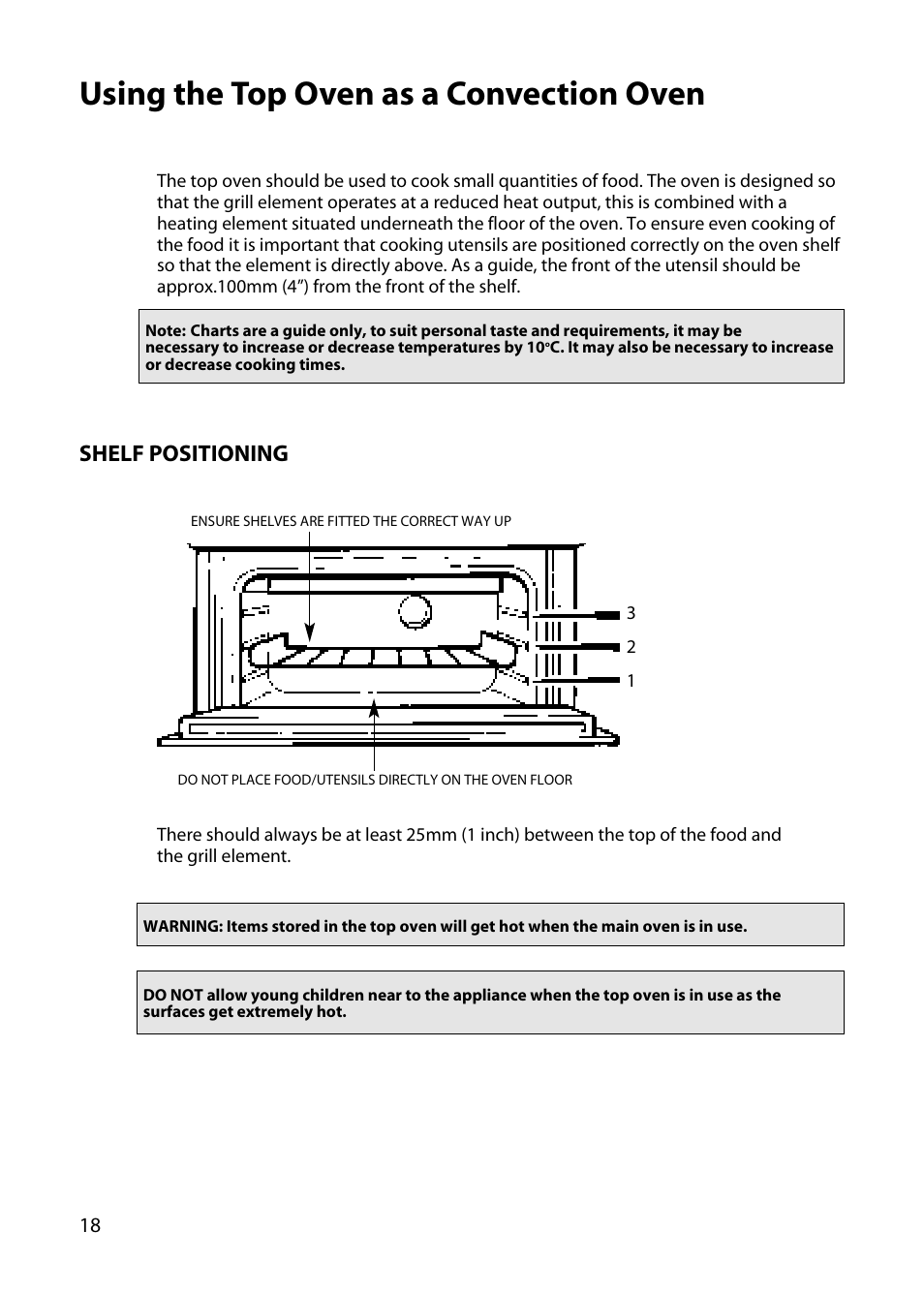 Using the top oven as a convection oven, Shelf positioning | Hotpoint UY46 User Manual | Page 18 / 40