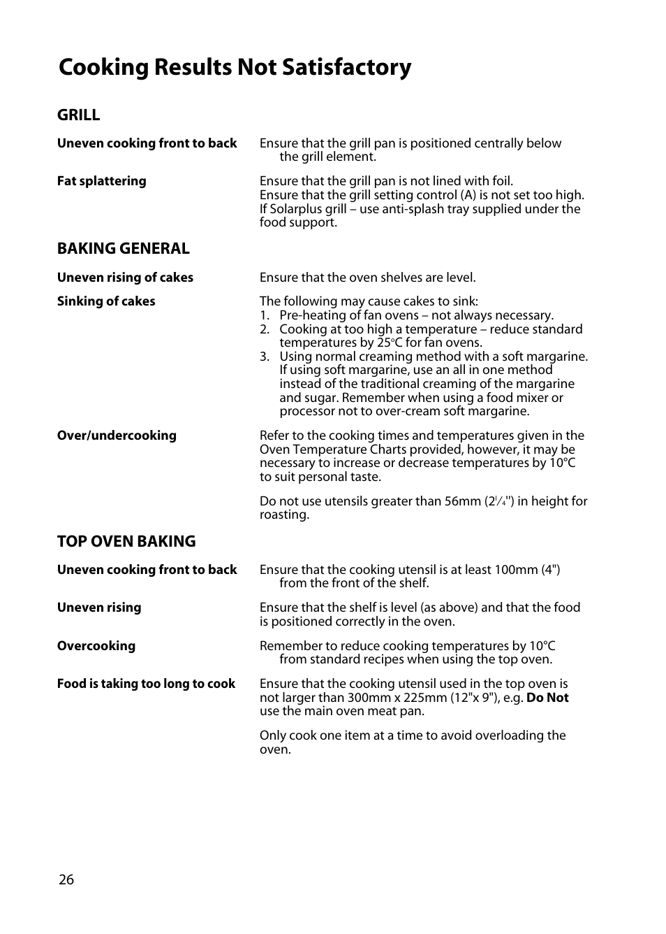 Cooking results not satisfactory, Grill, Baking general | Top oven baking | Hotpoint UY46 User Manual | Page 26 / 40