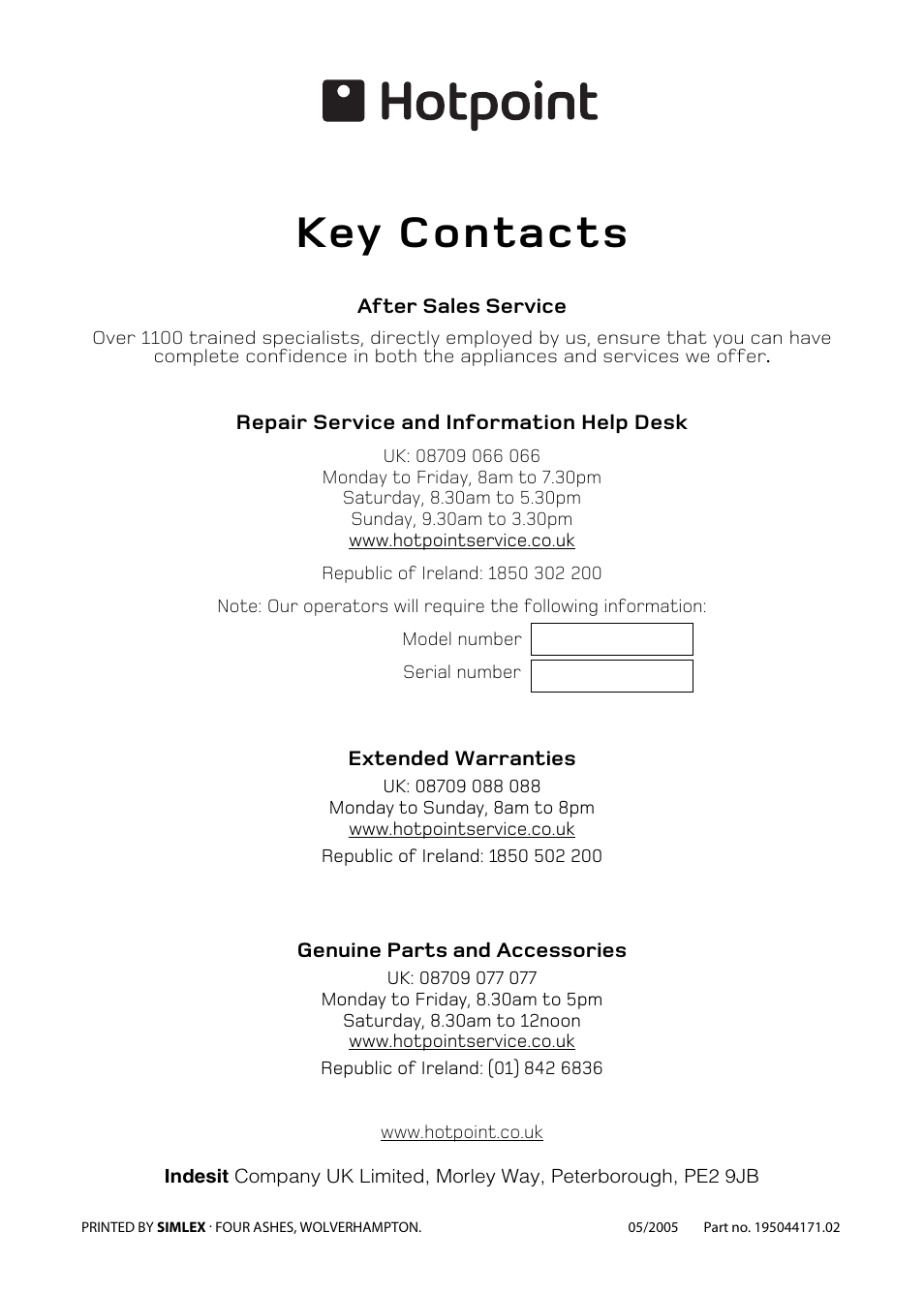 Key contacts | Hotpoint UY46 User Manual | Page 40 / 40