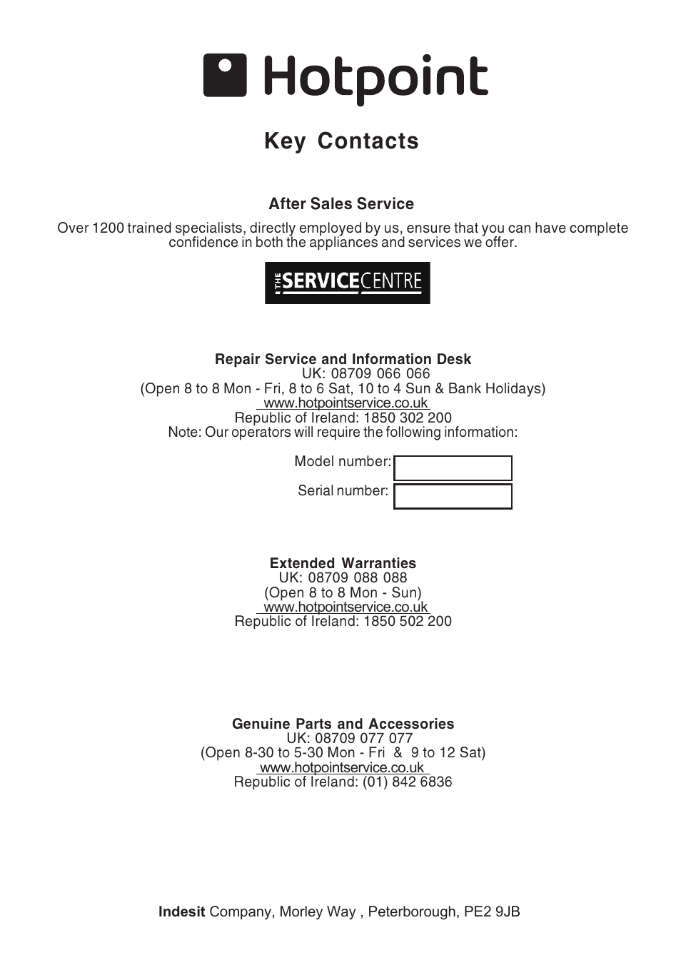 Key contacts | Hotpoint LI2I3A User Manual | Page 12 / 12