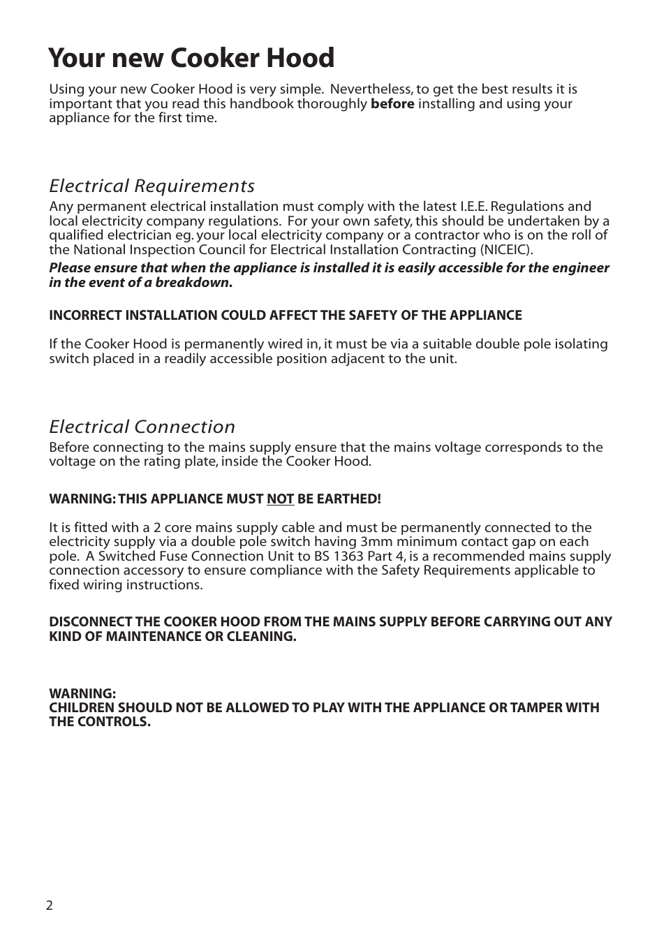 Your new cooker hood, Electrical requirements, Electrical connection | Hotpoint LI2I3A User Manual | Page 2 / 12